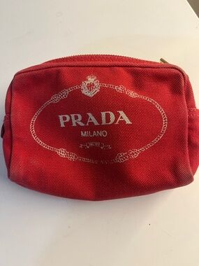 Prada Milano Coral Red Cosmetic Pouch with White Logo